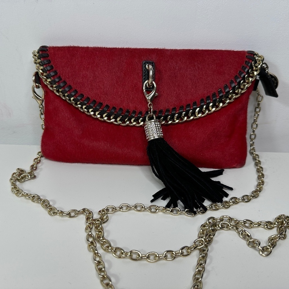 Carol Brodie Red Cowhide Black Leather Chain Strap Small Crossbody Bag